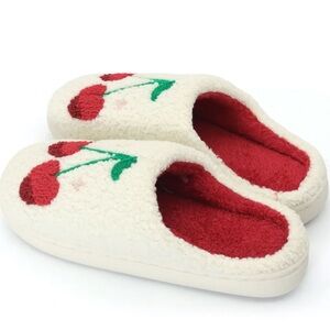 Cream Cherry Embroidered Cozy Slippers